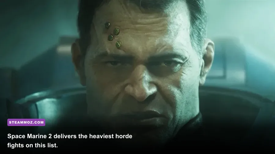 Space Marine Titus battling a massive Tyranid horde in Space Marine 2