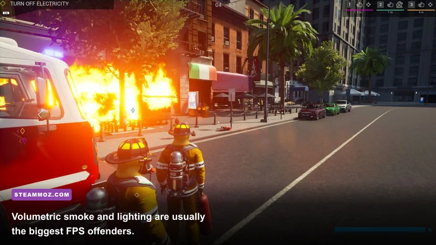 Firefighting Simulator The Squad firefighter using a hose inside a smoke-filled building