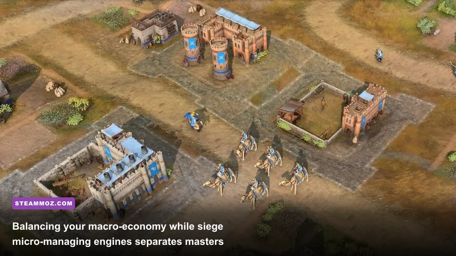 Trebuchets firing at fortified stone walls in an Age of Empires 4 siege battle
