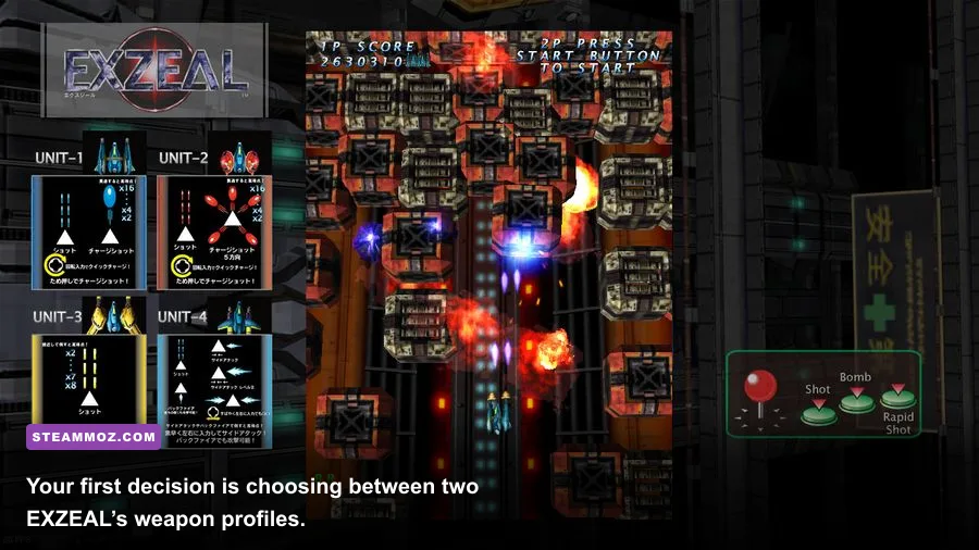 EXZEAL ship selection screen showing the two playable starting options