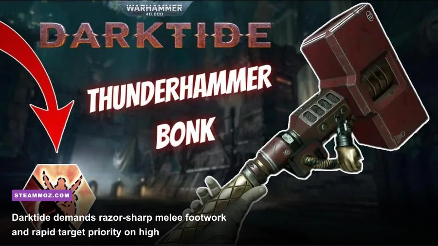 A Zealot swinging a Thunder Hammer against a horde in Warhammer 40000 Darktide