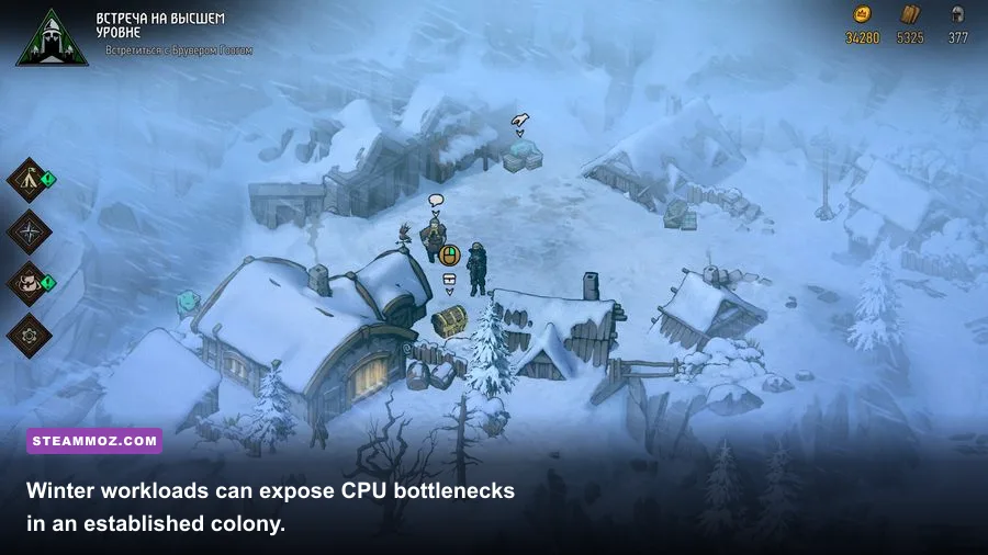 Clanfolk settlement during winter with snow and active buildings
