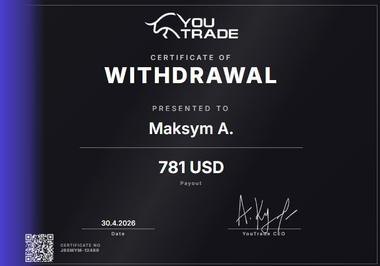 Сертификат выплаты $781 от 30.04.2026, Maksym A.