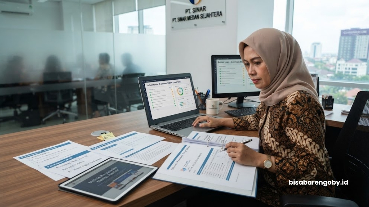 Manajer pengadaan menyeleksi dokumen penawaran saat mengevaluasi paket website ecommerce untuk perusahaan di Medan berbasis Laravel