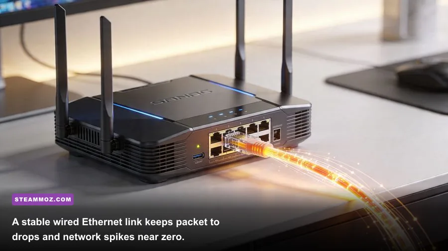 High-speed router with hardwired Cat6 Ethernet connection for low packet loss