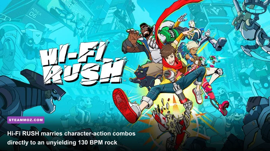 Chai executing a rhythmic guitar strike in the vibrant world of Hi-Fi Rush