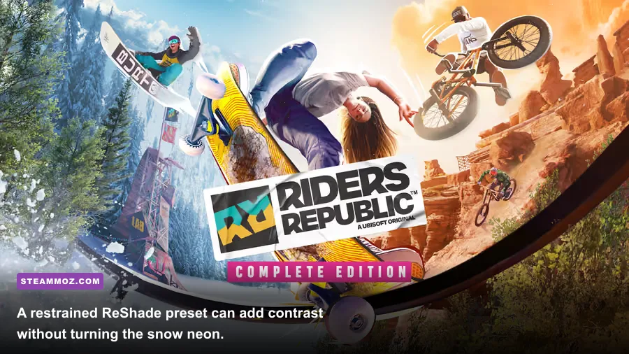 Riders Republic mountain landscape with enhanced color grading using a PC ReShade preset