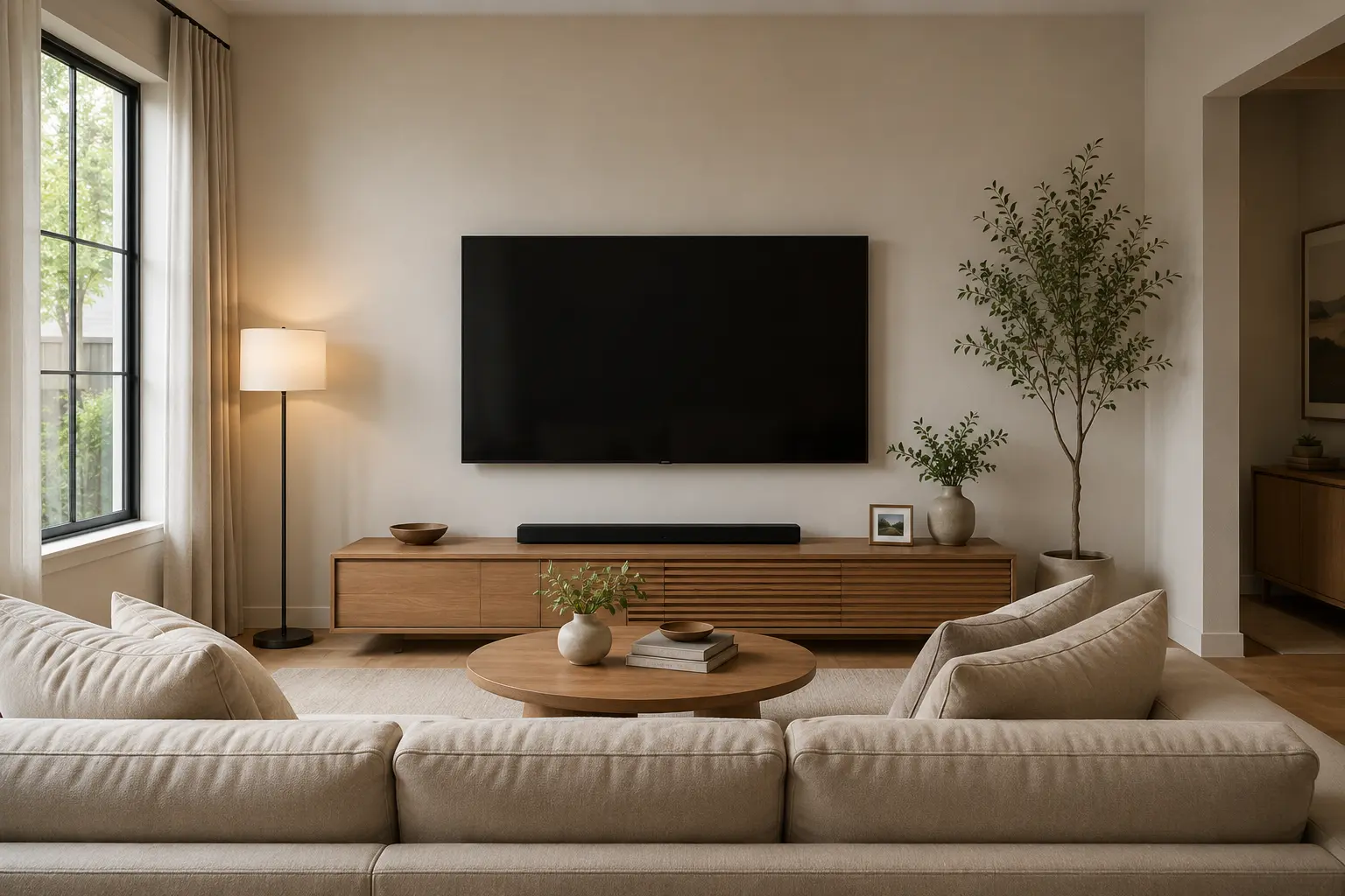 Ideal TV mounting height perfectly aligned at seated eye level in a modern living room