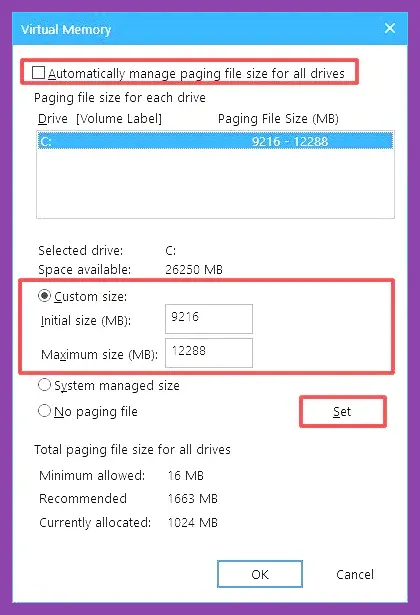 Windows Virtual Memory allocation settings panel