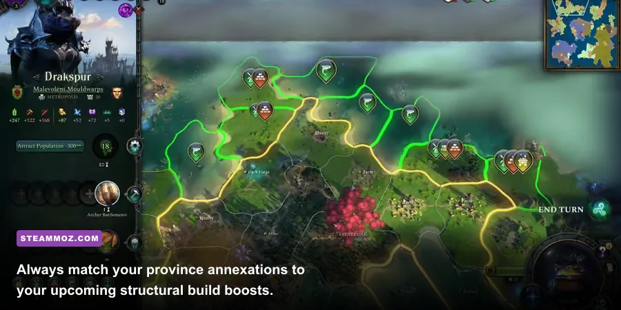 City expansion interface and province improvement icons in Age of Wonders 4