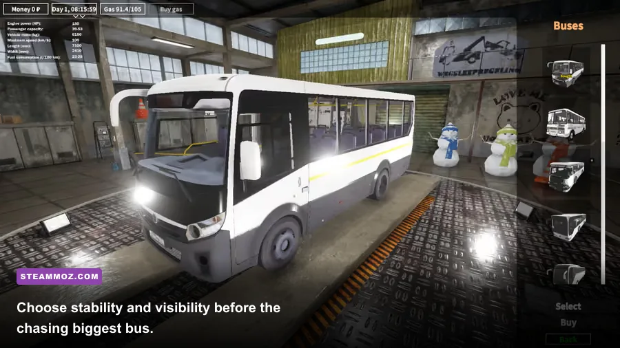 Bus Driver Simulator garage showing selectable city buses