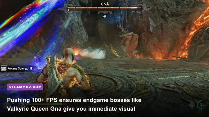 Kratos facing Valkyrie Queen Gna in Muspelheim