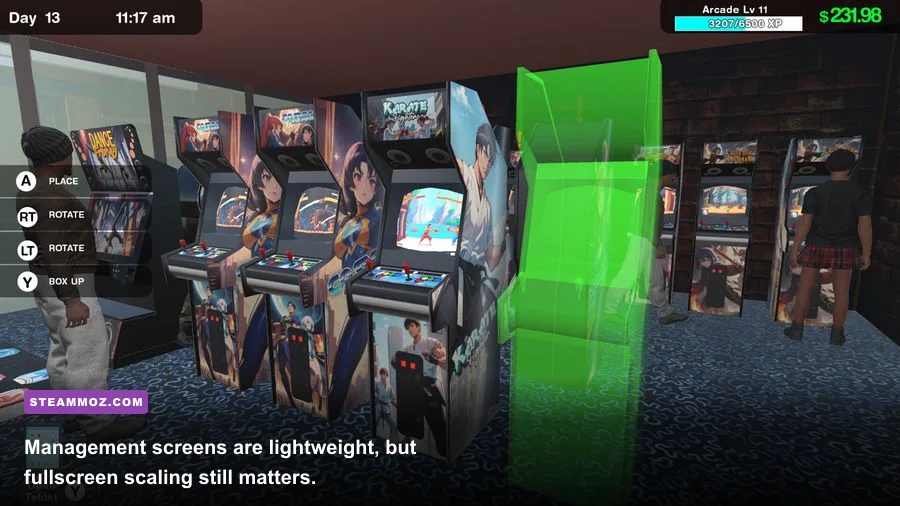 Arcade Spirits management gameplay screen with arcade machines