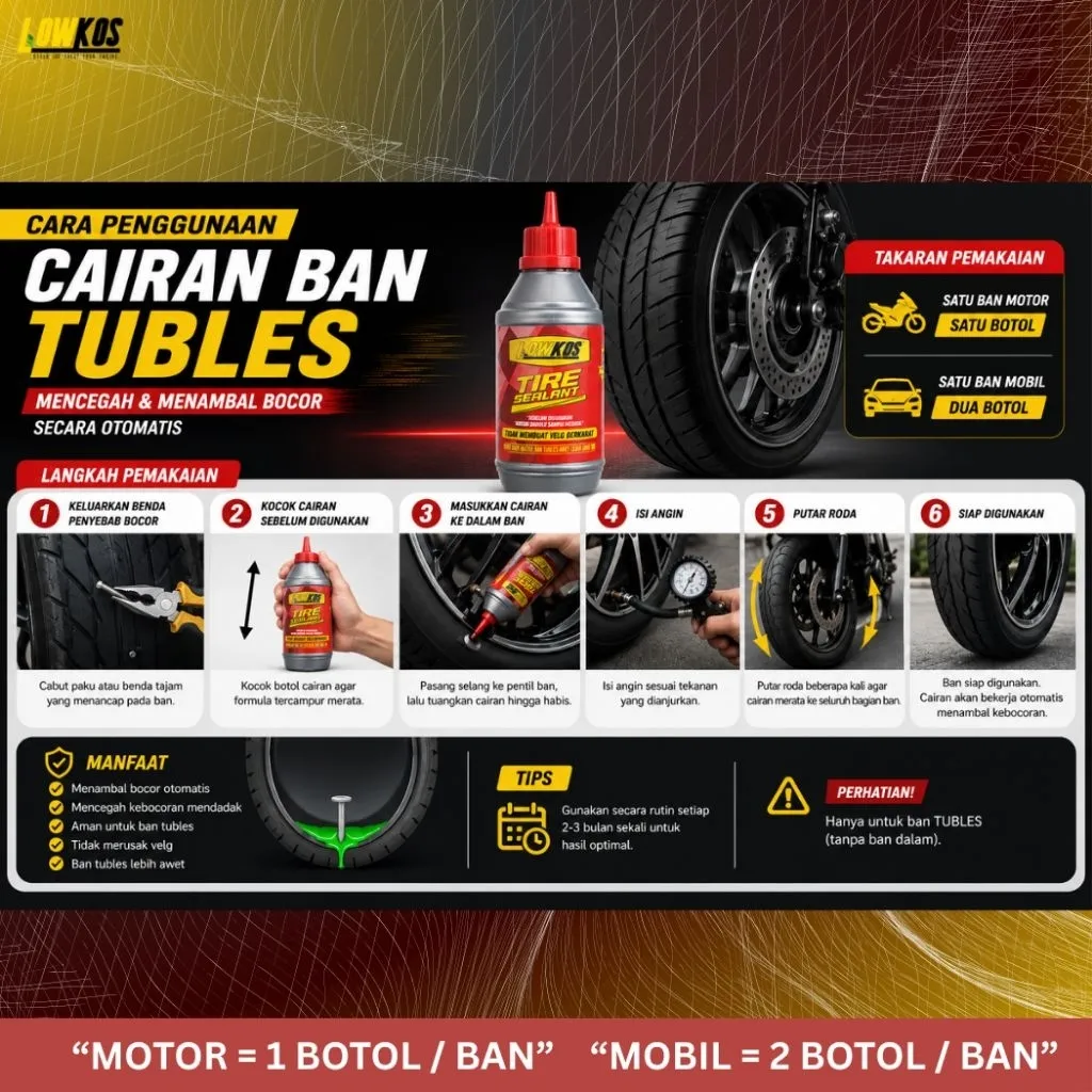 LOWKOS Cairan Ban Tubeless 350ml Original Red Edition - Anti Ranjau Paku & Menambal Otomatis - Gambar 3