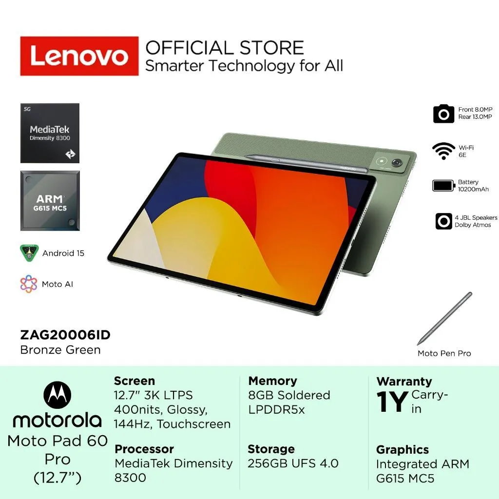 Lenovo Motorola Moto Pad 60 Pro 06ID MediaTek Dimensity 8300, Integrated ARM G615 MC5, RAM 8GB, 256GB UFS, 12.7" 3K 144Hz Touch, Pen Pro, JBL speakers, Dolby Atmos, Battery 10200mAh, Tablet Android Touchscreen 12inch MotoPad ZAG20006ID Bronze Green