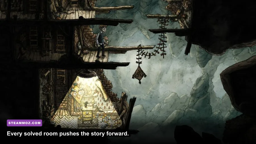 Creaks character standing near an underground elevator between puzzle areas