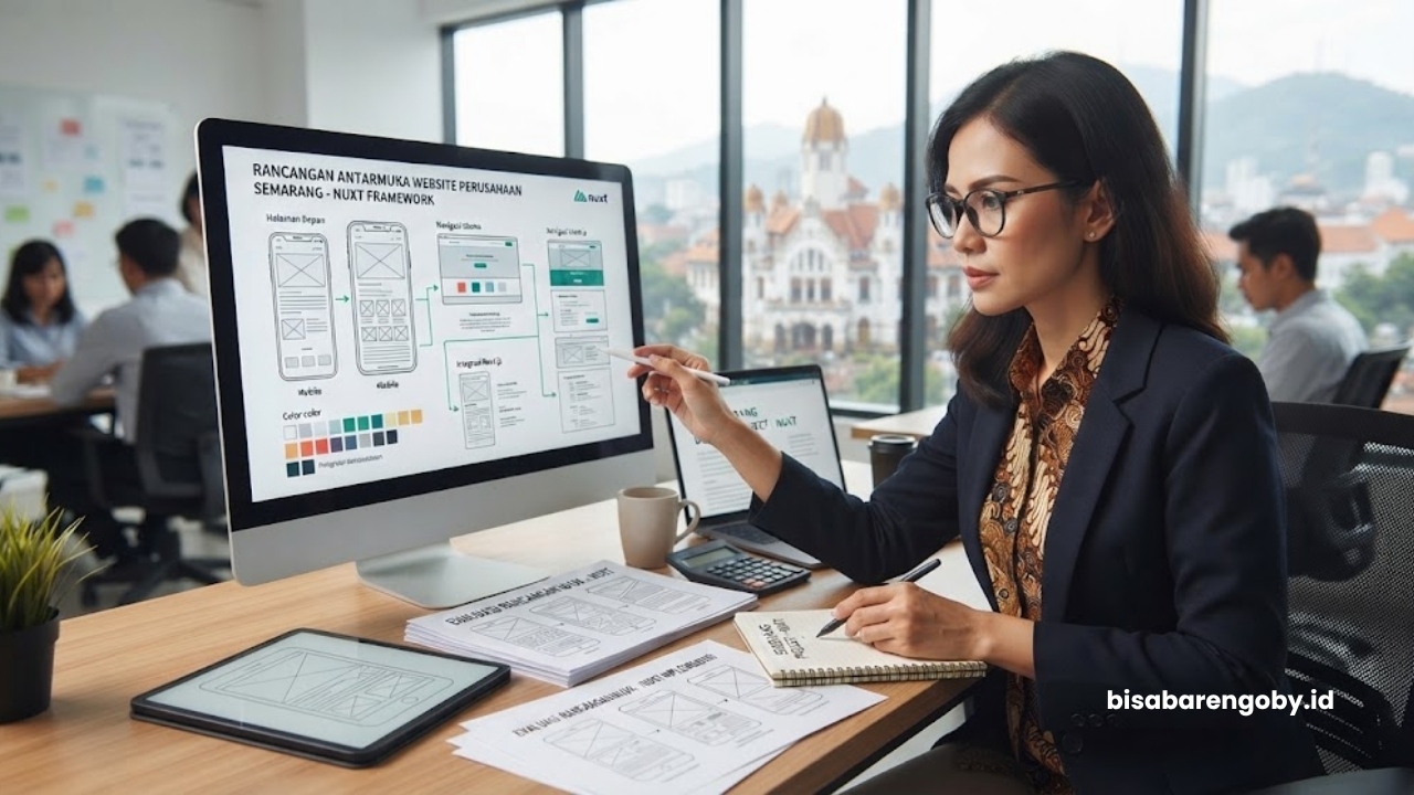 Manajer pengadaan mengevaluasi rancangan antarmuka saat merencanakan implementasi website untuk perusahaan di Semarang berbasis Nuxt