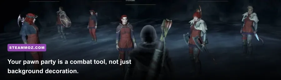 A Dragon's Dogma Dark Arisen party battling a cyclops in the wilderness