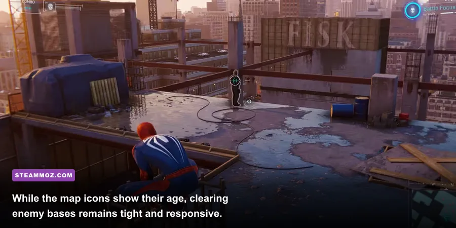 Spider-Man tackling a Fisk hideout on a Manhattan rooftop