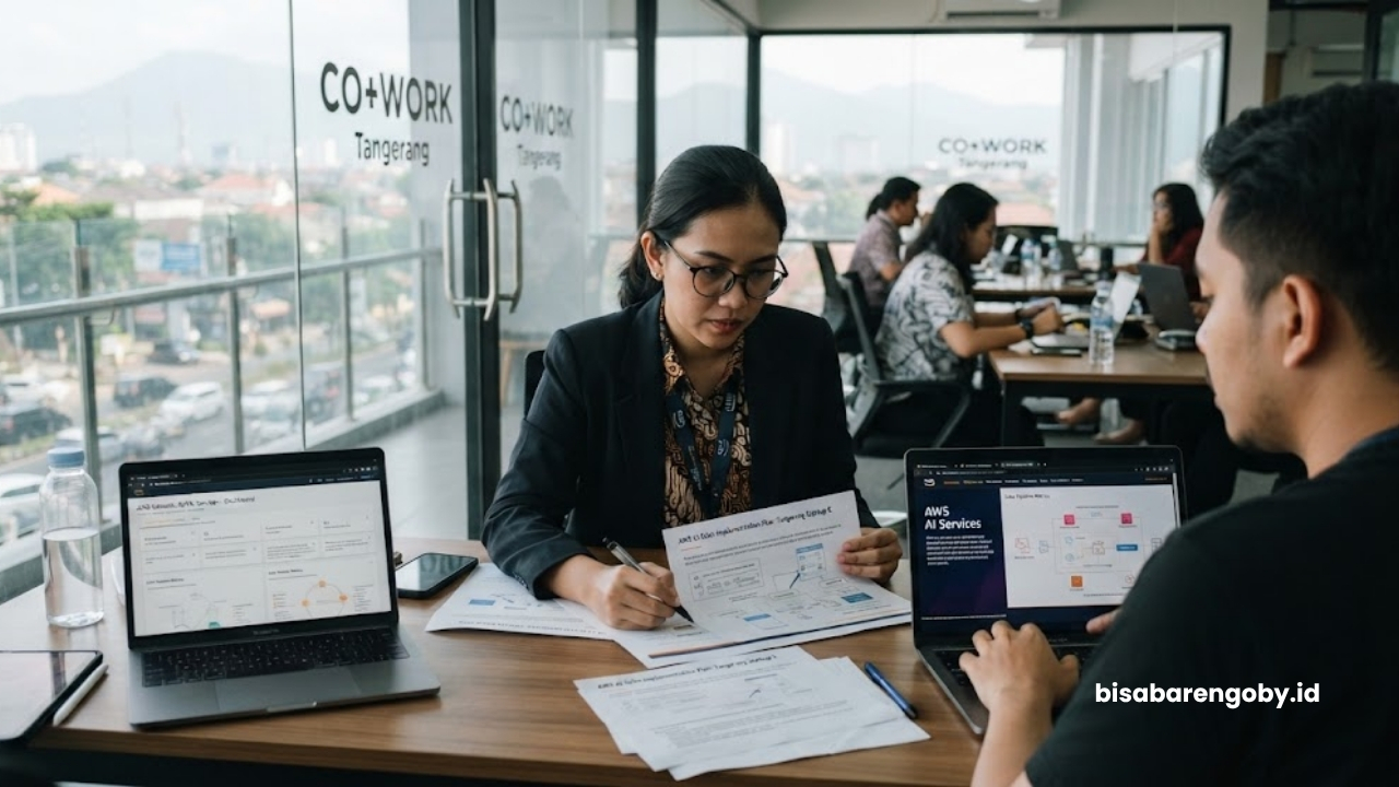 Manajer penjualan mengevaluasi proposal teknis saat mengeksekusi implementasi AI Sales untuk startup di Tangerang berbasis AWS AI