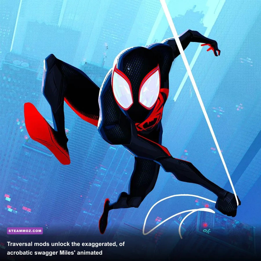 Miles Morales mid-air performing expressive custom trick animations between skyscrapers