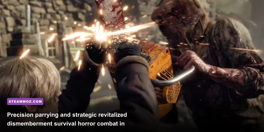 Leon S Kennedy parrying a chainsaw strike in Resident Evil 4 Remake