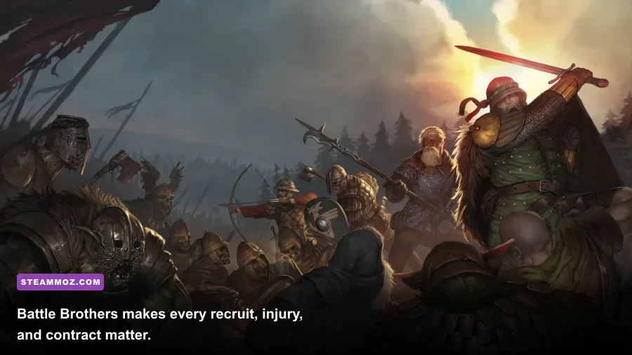 Battle Brothers mercenaries fighting enemies on a grim tactical battlefield