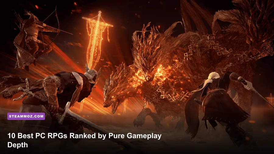 Player character wielding a glowing greatsword against a colossal boss in Elden Ring on PC
