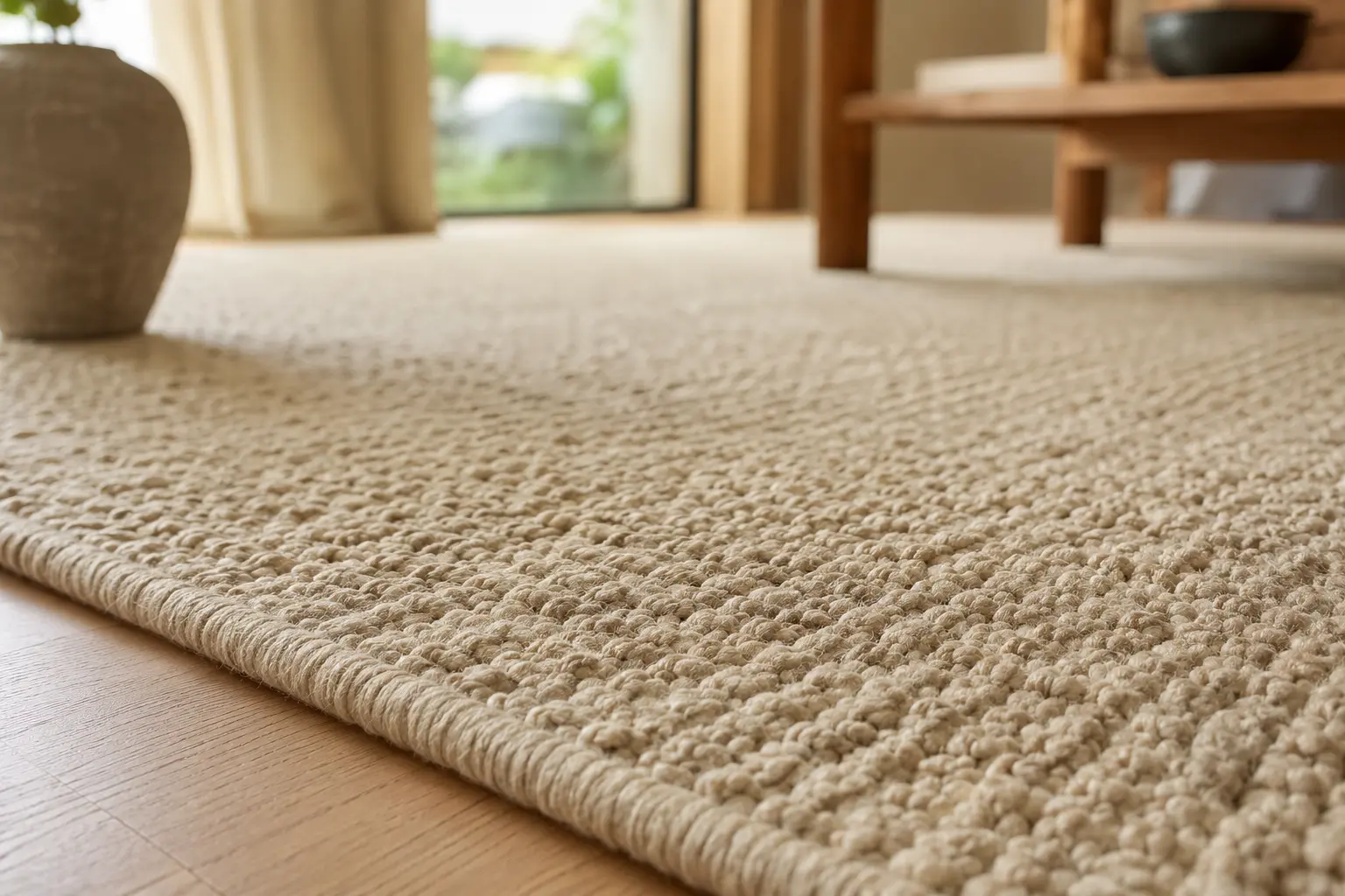 close-up of rug pile height showing soft textured fibers on a living room floor
