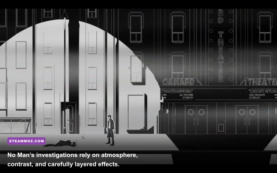 No Man investigating a noir city scene in Genesis Noir