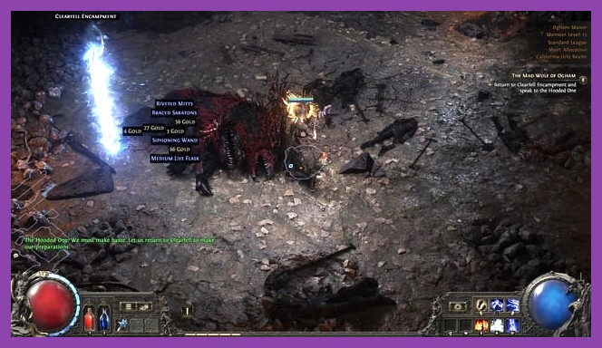 Defeated campaign boss dropping rare armor pieces and gear in Path of Exile 2