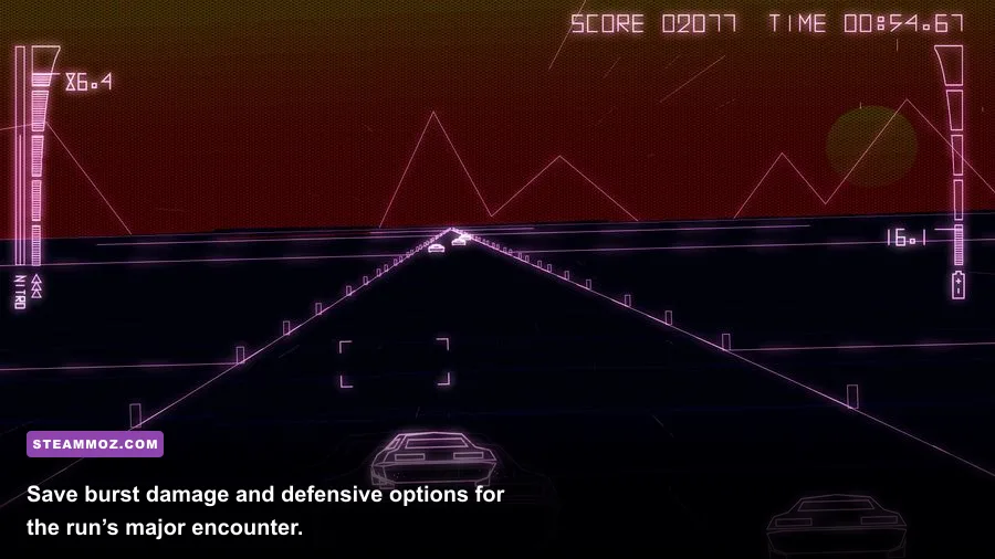 Byte Driver vehicle facing a large boss threat on a neon road