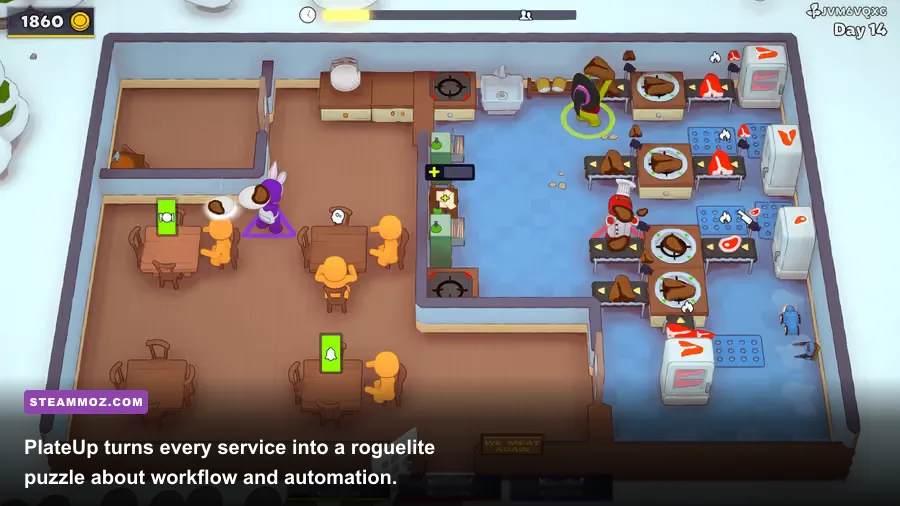PlateUp co-op restaurant kitchen layout with appliances and customers