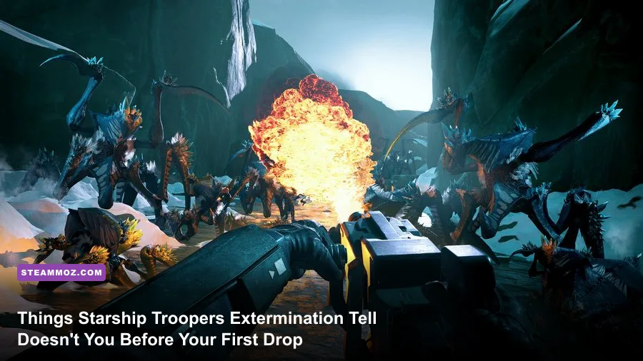 Starship Troopers Extermination players defending base from arachnid swarm