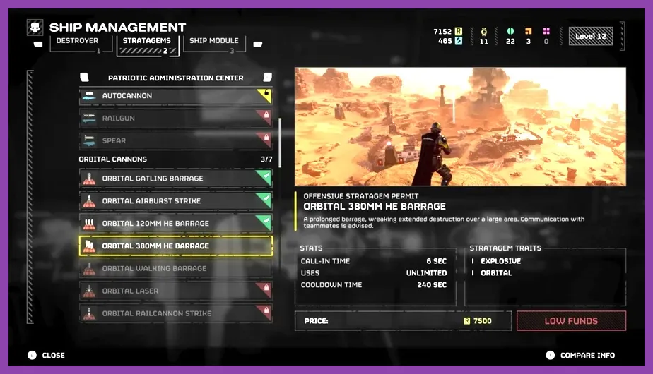 Helldivers 2 Ship Management Terminal showing Support Weapon Stratagem purchases