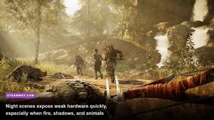 Far Cry Primal night combat with fire illuminating the Oros wilderness