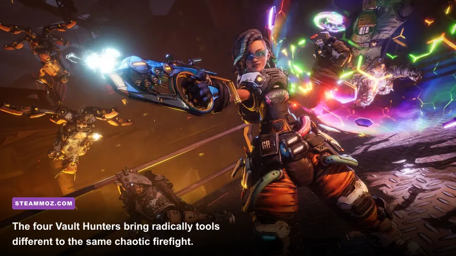 Borderlands 4 Vault Hunters Vex Rafa Harlowe and Amon fighting enemies