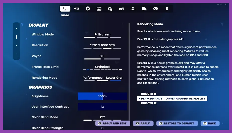 Selecting DirectX 11 or Performance Mode in Fortnite