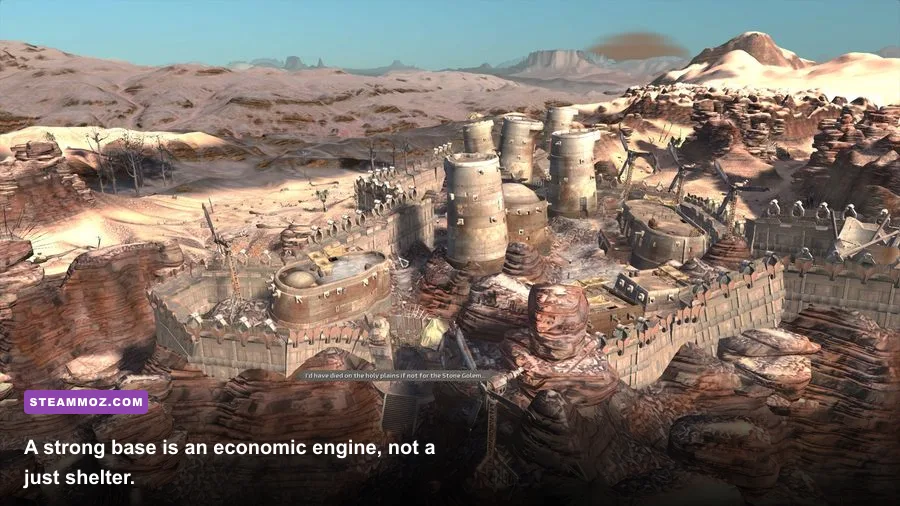 A fortified Kenshi player base near the Holy Nation