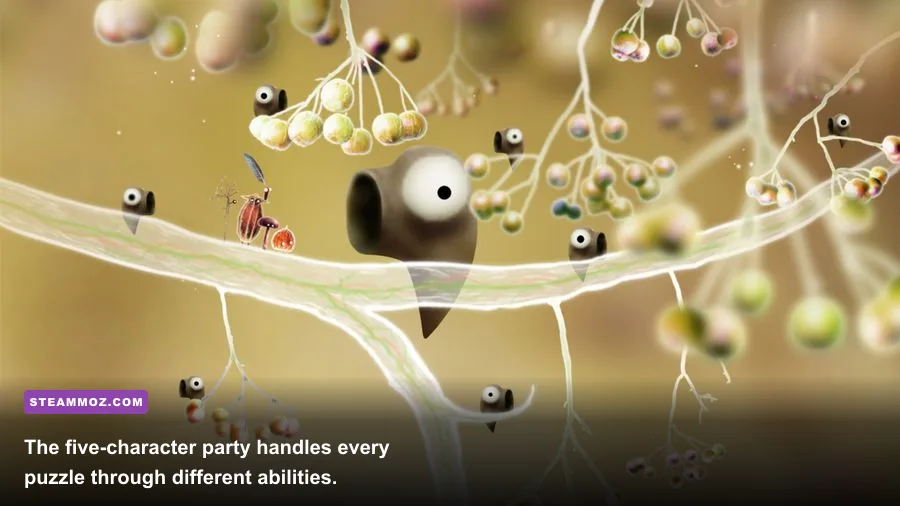Botanicula party featuring Mr Lantern, Mushroom, Pytel, Mr Twig, and Mrs Feather