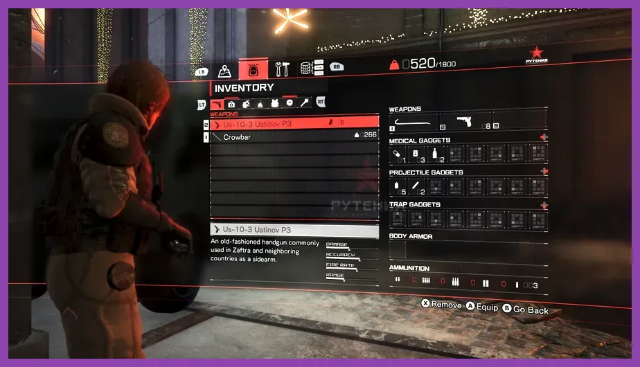 Video game inventory menu showing stats and equipment