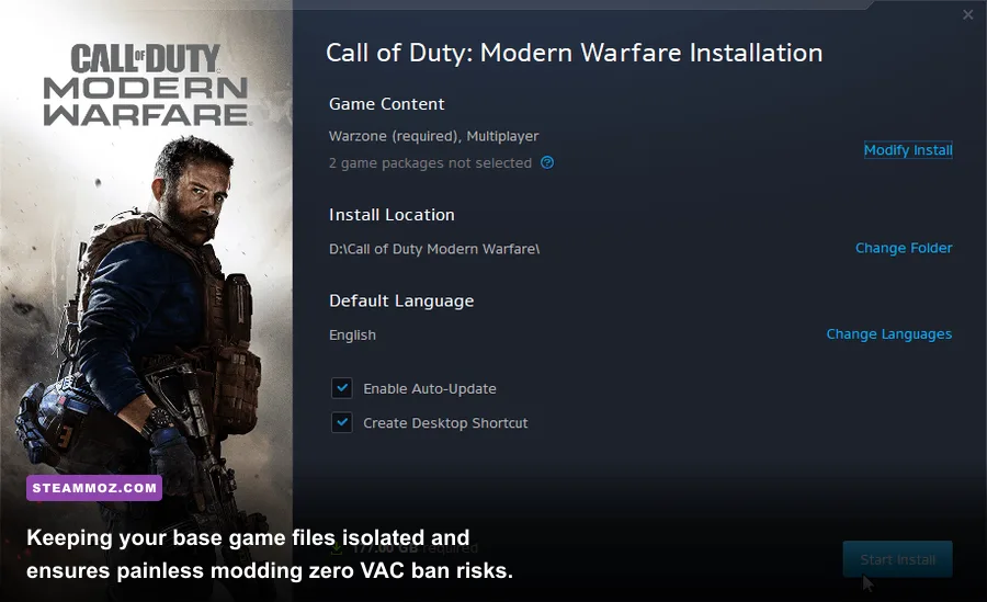 Windows file explorer displaying Modern Warfare 2 clean installation and mod directories