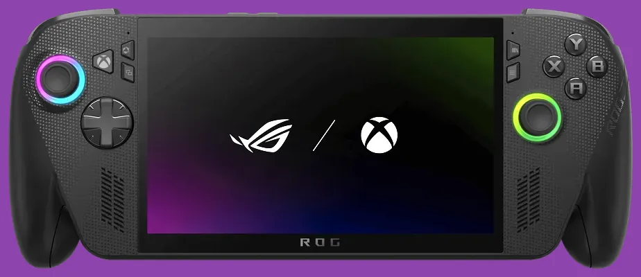 ASUS ROG Ally X handheld device resting on a gaming desk