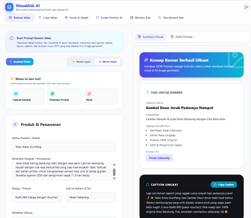 Preview tampilan terbaru aplikasi VisualAds AI