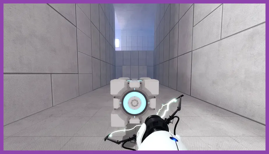 Chell testing with the portal gun in Portal 2