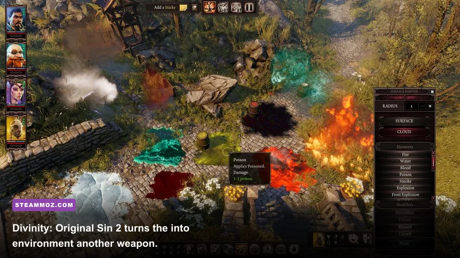 Divinity Original Sin 2 party using fire and electricity surfaces during combat