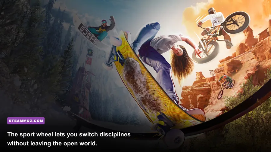 Riders Republic PC sport selection wheel showing bike snowboard and wingsuit events
