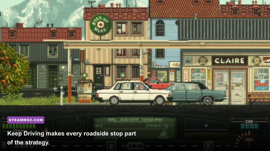 Keep Driving screenshot showing a pixel-art car traveling across a highway