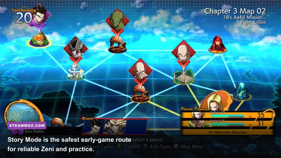 Dragon Ball FighterZ Story Mode map with nodes and Android 21