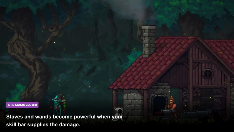 Din's Legacy mage using a staff and magic skills during combat